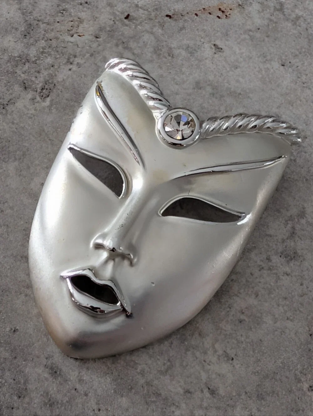 Silver Decorative Theater Mask Brooch with Rhinestone Accent